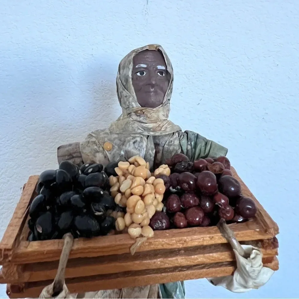 Paper Mache Old Woman Carrying‎ Beans in a Basket Crate Folk Art Figure size 12”